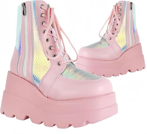 Image of Womens Goth Platform Boots Chunky High Heel Booties Round Toe Combat Ankle Boots Womens Lace Up Motorcycle Wedges Shoes