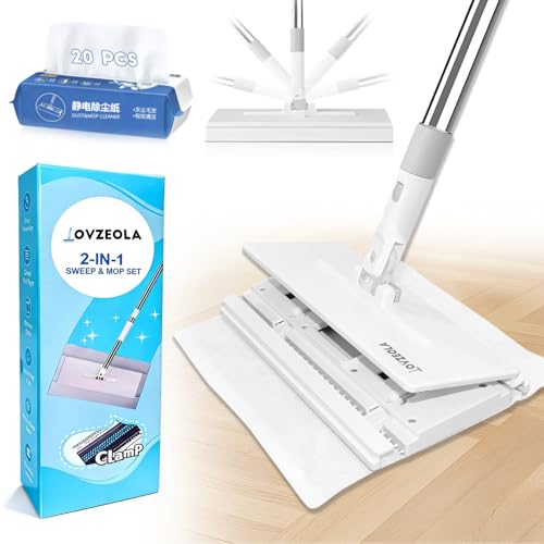 Hands Free Flat Mop One Click Hands Free Multi Purpose Flat Mop Snap Grip Cloth Changing Mopa Compatible with Swiffer Wet/Dry Pads Dust Mopping for Hardwood Tile Floor Include 20 Dry Pads (White)