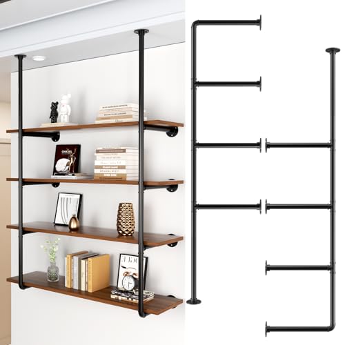ITEFDTUTNE Industrial Wall Mount Iron Pipe Shelf - 4 Shelves Shelving Bracket (No Plank) DIY Open Bookshelf Ceiling Hung Shelf for Office Room Kitchen, Black Vintage Retro