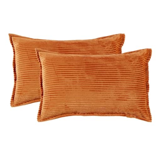 Image of RD TREND Corduroy Cushion Cover Set of 2, Striped Double Sided Decorative Throw Pillowcases for Sofa, Bed & Living Room Rectangular Long Cushion Covers 18x28 inches | Golden