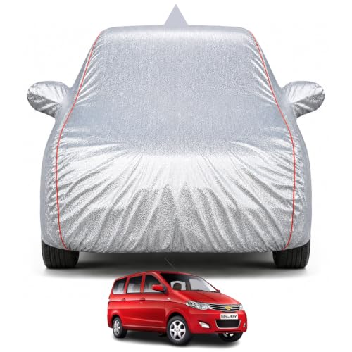 Image of Premium Car Cover for Chevrolet Enjoy Model | Waterproof, UV & Dust Protection | Mirror & Antenna Pocket | Triple Stitched, Soft Inner Lining, Belt & Buckle (Metalic Silver)