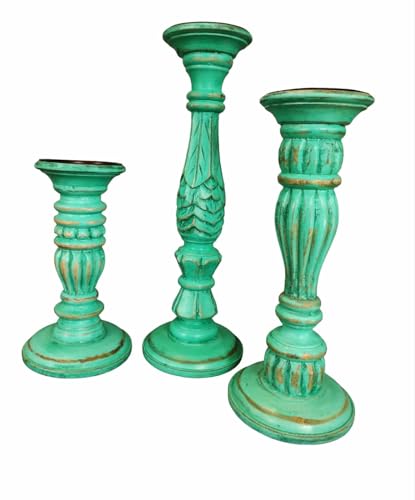 Design Dynamics Handcarved Wooden, Antique Finish Candle Stand (Set of 3) DD-CS-02 (9"X 12",15"), 5" Base Dia for Home Decor and Gifting. White (Turquoise)
