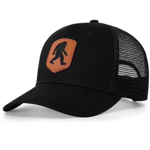 Pnkvnlo Mesh Bigfoot Hat Leather Cap for Men- Great Snapback Closure Sasquatch Hat for Hunting & Hiking-Leather-Black