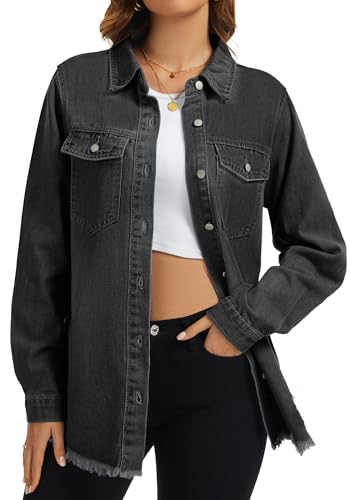 Women's Oversized Jean Jacket Casual Long Sleeve Denim Shirts Distressed Frayed Hem Denim Jackets Fall Outfits 20252