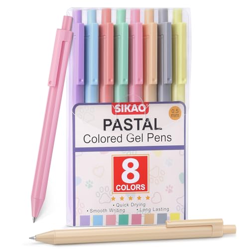 Sikao Bolígrafos de gel de colores para diario, 8 bolígrafos pastel, no se traspasan, retráctiles, punta fina de 0.7 mm, escritura suave y rápida
