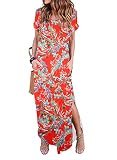 HUSKARY Women's Summer Maxi Dress Casual Loose Pockets Long Dress Short Sleeve Split Dresses