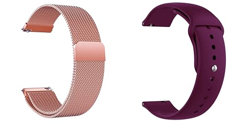 Image of ACM Watch Strap 20mm compatible with Compaq Q Watch Smartwatch | Pack of 2 Magnetic & Silicone Belt Metal Chain with Sports Band (Rose Gold Pink /Burgundy Purple)