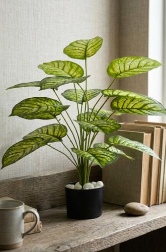 Image of ARICK Decor 2.1Ft Artificial Dieffenbachia Plant with 18 Leaves, 65cm Tall Faux Variegated Tropical Dumb Cane in Black Pot, Realistic Large Silk Leaf Potted Tree for Home, Office & Interior Styling