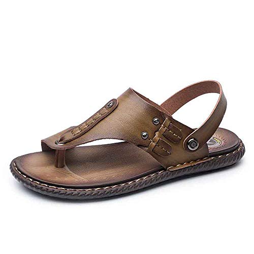Elibone Summer Men Sandals Cow Leather Mens Beach Shoes Breathable Comfortable Men's Slippers,Khaki,9.5