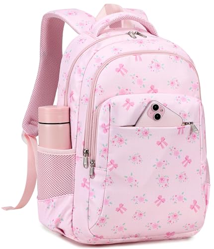LEDAOU Mochila escolar para meninos e meninas e crianças, mochila de ensino fundamental para 8 a 14 anos, Flor de laço rosa, Medium, Mochila para meninas