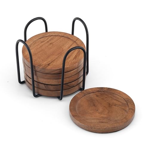 Acacia Wood Round Coasters Set of 6 with Holder Absorbent Drink Coasters for Coffee & Dining Tables Farmhouse Home Decor Bar Accessories Housewarming Gift