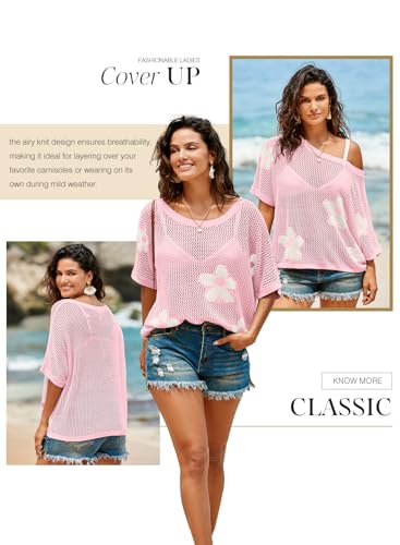 Image of Dokotoo Womens Floral Fashion Summer Tops 2026 Short Sleeve Crochet Sweaters Swimsuit Cover Ups Lightweight Knit Pullover