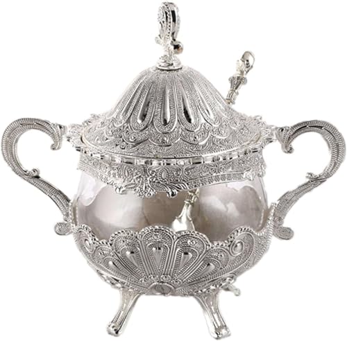 FHRKA Tarro de Caramelo Cuenco de cerámica Azucarero Recipiente de azúcar con Tapa Portacucharas Azucarero de cerámica, azucarero con Tapa y Cuchara (Silver Glass)