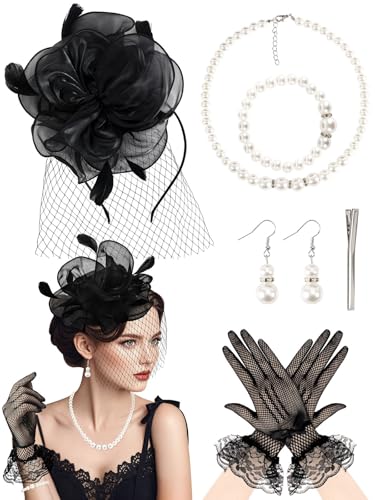 DTOFOOT 5 Pack Fascinators Hat for Women Funeral Veil Hat Tea Party Veil Mesh Headband Feather Derby Hat Lace Gloves Pearl Jewelry Set for 1920s Party