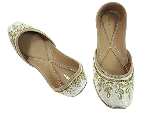 Image of Fulkari Women's Dolli Gold Genuine Soft Leather Embroidered Jutis | Bite and Pinch Free Jutti | Punjabi Formal Juttis | Girl's Wedding Flat Ladies Mojari | Formal Ethnic Juti |