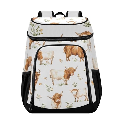 Highland Cattle Grass Pattern Cooler Backpack Cooler Insulated Leak Proof Lunch Backpack 36 Cans Waterproof Soft for Men Women Picnic Hiking Camping Beach