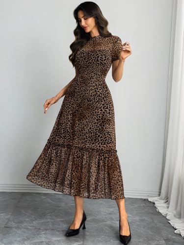 Image of GothDark Women's Summer Floral Mesh Ruffle Dress Short Sleeve Round Neck Waist Cinched Casual Maxi Wedding Guest Dresses
