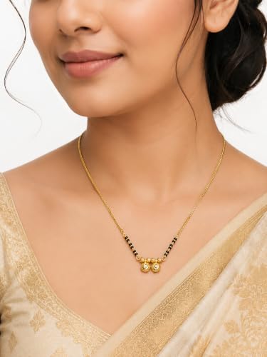 Image of 1 Gram Gold Plated Traditional Short Mangalsutra for Women| Daily Wear Short Tanmaniya With Black beads. 18 Inch Gold Plated Jewellery.