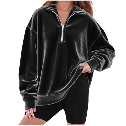 Girls Oversized Velvet Sweatshirt Loose Half Zip Tee Tops Long Sleeve Pullover Casual Lapel Collar T-Shirts for 4-15 Years