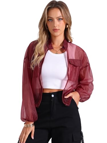 Allegra K Sheer Bomber Jacket for Women's Zip Up Long Sleeve See Through Jackets