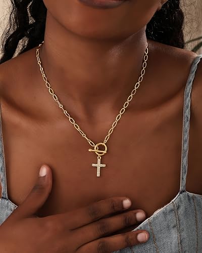 Gold Cross Pendant Necklace for Women, Toggle Clasp Rectangle Cross Charm Necklace, Dainty Paperclip Chain Religious Jewelry Gift for Christian Faith, Baptism, First Communion, B4