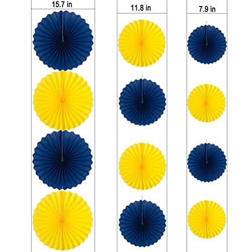 Image of MOWO Royal Blue and Yellow Paper Fans Party Decoration, 12pc | birthday graduation wedding retirement eid baby shower new year party decoration
