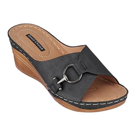 G.C. Shoes Womens Memory Foam Wedge Sandals, Open Toe Mid Heel Platform, Comfy Vegan Leather Buckle Strap Slides, Bay/Black/6 Cover