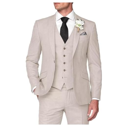 Terno masculino de linho de 3 peças, conjunto de ternos de ajuste slim para homens com dois botões para casamento na praia no verão, Bege, M