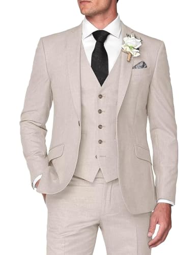 3 Piece Men's Linen Suit,Slim Fit Suits Set for Men Two Buttons Grooms Suits for Summer Beach Wedding