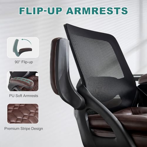 Image of Big and Tall Office Chair, 500lbs Mesh Heavy Duty Ergonomic Desk Chair with Flip-up Armrests, Plus Size Wide Seat in PU Leather, 360 Swivel Computer Executive Task Chair for Home Office (Brown)