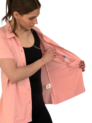 USBD Post Mastectomy Collar Shirt with Drain Pockets Button Down Premium Cotton Shirt for Drainage Systems
