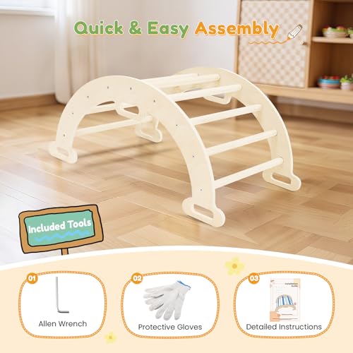 Arco de escalada Montessori en madera natural robusta con cojín de descanso integrado 3
