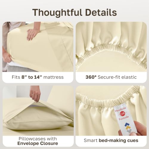 Image of Soft Natural 100% Cotton Sateen Full Size Bed Sheets, 4 Pc Set, Butter