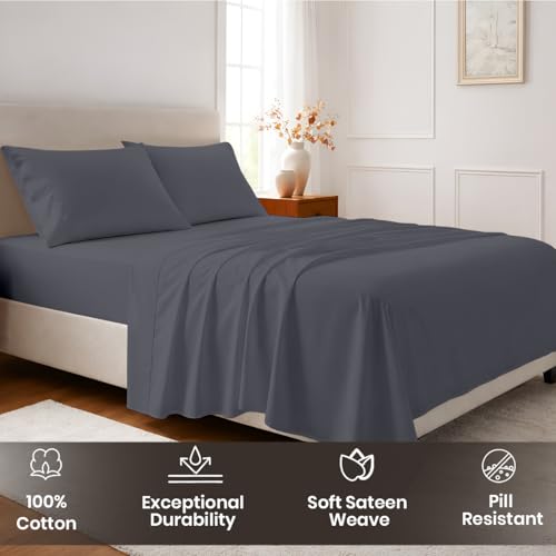 Image of SGI bedding 100% Egyptian Cotton Sheets Full Size - Premium Luxury Hotel Sheet Set, Cooling & Breathable, Ultra Soft, 15 inch Deep Pocket, 4 Piece Bedding Set, Dark Grey