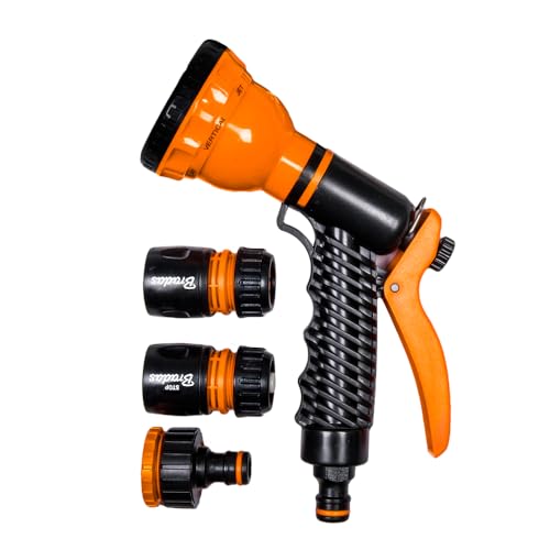 7-Funktionen Gartenbrause/Spritzpistolen-Set mit Wasserstopp – ABS Handbrause, Hochdruck-Sprühpistole, 1/2' / 5/8' Schnellkupplung + 3/4' Hahnadapter, Click-System, ergonomischer Soft-Grip