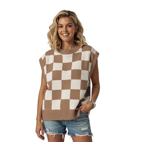 Women Checkerboard Vest Sweater Knitted Sleeveless Pullover Retro Casual Loose Fit Knitwear Stylish Layering Outfit Trendy Fashion Vest Top for Everyday Office Streetwear Camel-L4