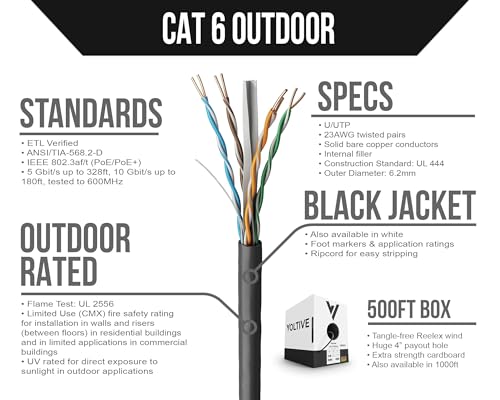 Cable Ethernet Cat6 Outdoor 500ft Voltive Negro UTP miniatura 2