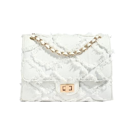 LIZHAOCAI Stylish Denim Shoulder Handbag with Chain Strap Diamond Shaped Burlap Trim Crossbody Bag Underarm Purse for Women