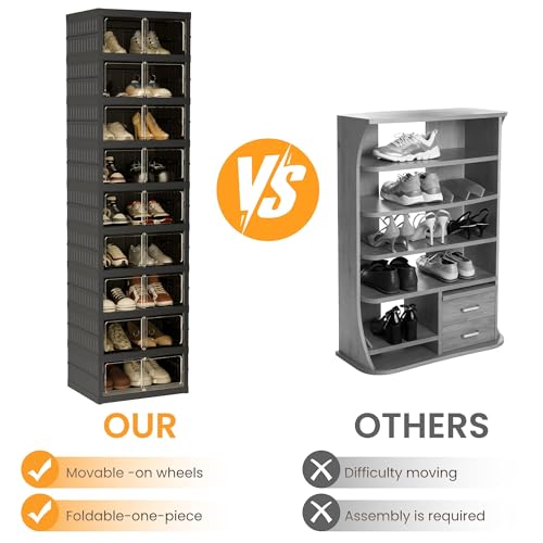 Image of Foldable Shoe Organizer Storage Box Set of 4, Portable Extra Large Folding Shoe Rack for Closet, Shoe Storage Box with Magnetic Transparent Door and Wheels, 9 Layers 18 Grids