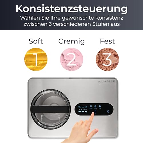 KLAMER 2-in-1 Eismaschine & Joghurtbereiter 2 L, 220 W Eiscrememaschine aus Edelstahl mit Kühl- und Heizfunktion, hausgemachtes Speiseeis mit selbstkühlendem Kompressor, inkl. Konsistenzsteuerung – Bild 4