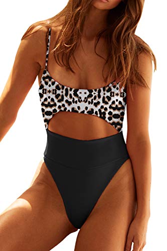 QINSEN Womens Scoop Neck Cutout Front Ruffle Back High Cut Monokini One Piece Swimsuit (L, Leopard)