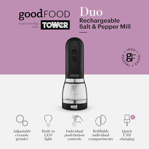 Good Food in Partnership with Tower Duo Salt & Pepper Mill, Rechargeable with Adjustable Ceramic Grinders, Individual Push Buttons, Black with Brushed Chrome Accents, GF847069 - Image 3