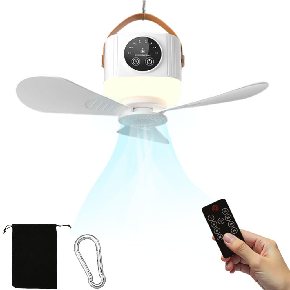 JOAASU Portable Camping Fan with LED Light, 7200mAh Rechargeable Tent Fan with Remote Control, Detachable Blades, Timer, 4 Speeds, 3 Brightness & Hanging Hook, USB Ceiling Fans for RV, Car, Camping