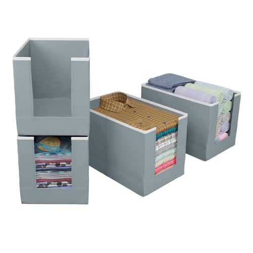 Image of Foldable Shirt Stacker Organiser (Set of 4) - Non-Woven Wardrobe Storage for Shirts, T-Shirts, Sarees & Trousers | Front-Open Closet Organiser | Grey