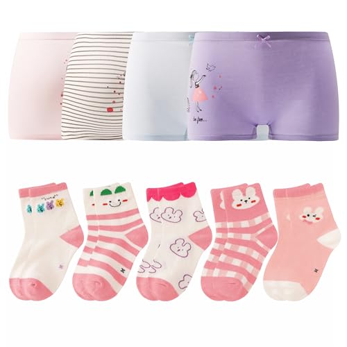 Big Girls Cotton Boy Shorts Soft Princess Underwear with Pink Cotton Crew Ankle Socks for Age 11-12 Years