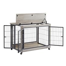 GOWE Furniture Style Dog Crate Side Table with Wheels, Three Doors, Flip-Up Top Opening. Indoor, Grey, 38.58" W x 25.2" D x 27.17" H