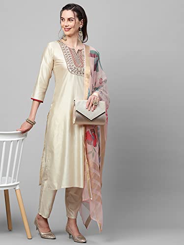 Image of INDO ERA Women's Cotton Blend; Organza & Rayon Kurta Palazzo With Dupatta Set