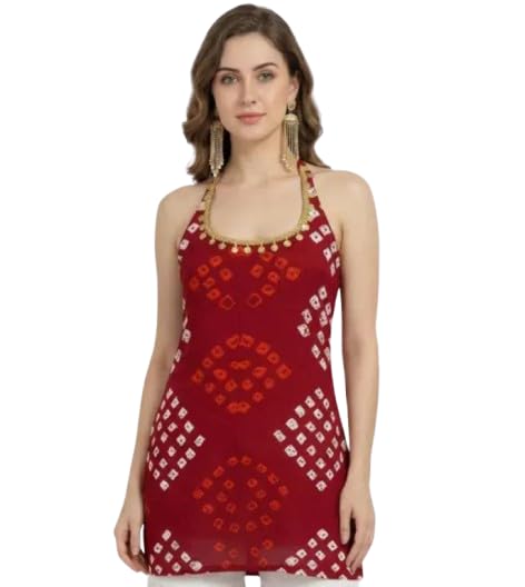 Women's Halter Neck Top, Red with Bandhani Print, Coin Embellished Neckline-picture-25