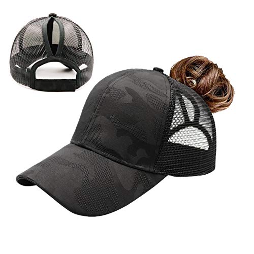 Promindfun Womens Ponytail High Messy Bun Hats Distressed Baseball Caps Unconstructed Washed Dad Hat Girls Trucker Ponycaps (0002-Camo Fabric Black) #TOP4