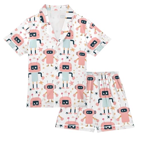 ALAZA Robot Star Pajamas Satin Pajama Set Short Sleeve Button Down Sleepwear